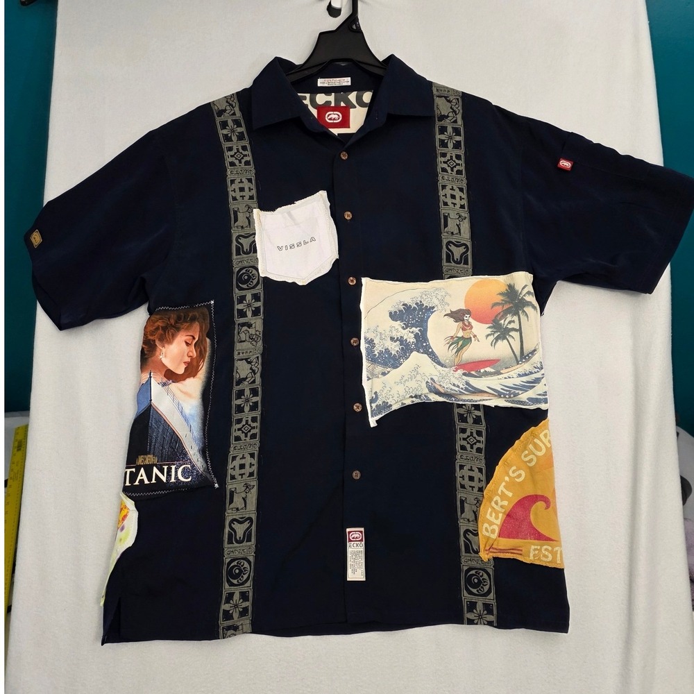 Ecko Unltd Upcycled Patchwork Shirt XL Navy Polyester 1 of 1 Vintage Streetwear